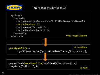 NaN case study for IKEA
35
<prices>
<normal>
<priceNormal unformatted="9.9">$9.90</priceNormal>
<pricePrevious />
<priceNormalPerUnit />
<pricePreviousPerUnit />
</normal>
</prices>
previousPrice =
getElementValue("pricePrevious" + suffix, normal);
parseFloat(previousPrice).toFixed(2).replace(...)
.replace('.00', ''));
XML: Empty Element
JS: undefined
JS: NaN
Liang Gong, Electric Engineering & Computer Science, University of California, Berkeley.
 