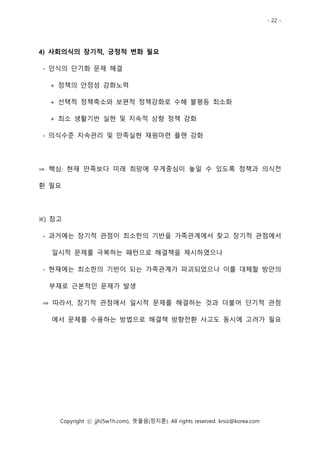 - 22 -
Copyright ⓒ jjh(5w1h.com), 뜻물음(정지훈). All rights reserved. krsiz@korea.com
4) 사회의식의 장기적, 긍정적 변화 필요
- 인식의 단기화 문제 해결
+ 정책의 안정성 강화노력
+ 선택적 정책축소와 보편적 정책강화로 수혜 불평등 최소화
+ 최소 생활기반 실현 및 지속적 상향 정책 강화
- 의식수준 지속관리 및 만족실현 재원마련 플랜 강화
⇒ 핵심: 현재 만족보다 미래 희망에 무게중심이 놓일 수 있도록 정책과 의식전
환 필요
※) 참고
- 과거에는 장기적 관점이 최소한의 기반을 가족관계에서 찾고 장기적 관점에서
일시적 문제를 극복하는 패턴으로 해결책을 제시하였으나
- 현재에는 최소한의 기반이 되는 가족관계가 파괴되었으나 이를 대체할 방안의
부재로 근본적인 문제가 발생
⇒ 따라서, 장기적 관점에서 일시적 문제를 해결하는 것과 더불어 단기적 관점
에서 문제를 수용하는 방법으로 해결책 방향전환 사고도 동시에 고려가 필요
 
