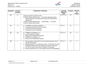 Agile Technical Tester, Advanced Level
Exam ID: A
Sample Exam – Answers
International
Software Testing
Qualifications Board
Version 1.0 Page 14 of 16 14 November 2019
© International Software Testing Qualifications Board
Question Correct
Answer
Explanation / Rationale Learning
Objective
(LO)
K-level Number
of
Points
30. b,c
a) Wrong, because not primary critery
b) RIGHT because Syllabus says: ‘, a successful regression-averse
approach focuses on continuous improvement and refactoring of
created tests’
c) RIGHT because Syllabus says: ‘…maintainability, … are critical’
d) Wrong, because fancy answer
ATT-3.1.3-2 K2 1
31. a a) is CORRECT according to Syllabus 1.,
b) is wrong because this is true for use cases
c) is wrong this true for storyboards
d) is wrong, this is true for personas
ATT-1.x K1 1
32. a,d a) CORRECT see Syllabus 2.1.3
b) is wrong (customer oriented)
c) Wrong, TDD is development oriented
d) CORRECT see Syllabus 2.1.3
e) Wrong, TDD is development focused
ATT-2.1.3 K4 3
33. c a) Wrong (creation of several TCs to cover several scenaris is not the
real and best solution)
b) Adapting existing TC is not the good solution, a TDD based TC shuld
be prepared looking at the flow keeping is as general as possible
c) The TDD is trying to use as few as possible tc and get data
d) Wrong, execute some TC is not the goal to check the TDD feasability
ATT-3.1.1 K3 2
 