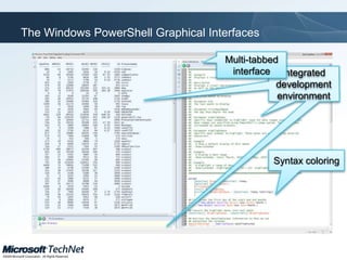 Integrates with Windows Management Instrumentation (WMI)Accepts and Returns .NET Framework ObjectsRobust ArchitectureCmdlets and Integration with .NETCmdlets: Single-Function Tools