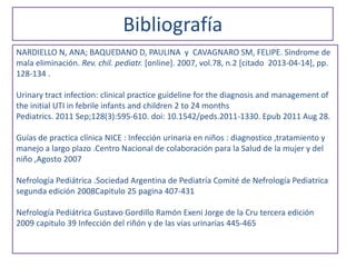 Bibliografía
NARDIELLO N, ANA; BAQUEDANO D, PAULINA y CAVAGNARO SM, FELIPE. Síndrome de
mala eliminación. Rev. chil. pediatr. [online]. 2007, vol.78, n.2 [citado 2013-04-14], pp.
128-134 .
Urinary tract infection: clinical practice guideline for the diagnosis and management of
the initial UTI in febrile infants and children 2 to 24 months
Pediatrics. 2011 Sep;128(3):595-610. doi: 10.1542/peds.2011-1330. Epub 2011 Aug 28.
Guías de practica clínica NICE : Infección urinaria en niños : diagnostico ,tratamiento y
manejo a largo plazo .Centro Nacional de colaboración para la Salud de la mujer y del
niño ,Agosto 2007
Nefrología Pediátrica .Sociedad Argentina de Pediatría Comité de Nefrología Pediatrica
segunda edición 2008Capitulo 25 pagina 407-431
Nefrología Pediátrica Gustavo Gordillo Ramón Exeni Jorge de la Cru tercera edición
2009 capitulo 39 Infección del riñón y de las vías urinarias 445-465
 