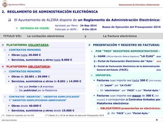 2. REGLAMENTO DE ADMINISTRACIÓN ELECTRÓNICA
 El Ayuntamiento de ALZIRA dispone de un Reglamento de Administración Electrónica:
TITULO VII: La Licitación electrónica y La Factura electrónica
 ENTRADA EN VIGOR:
Aprobado por Pleno: 24-Sep-2014
Publicado en BOPV : 6-Dic-2014
Bases de Ejecución del Presupuesto-2019
 PLATAFORMA VOLUNTARIA:
 Obras hasta 20.000 €
 Servicios, suministros y otros hasta 8.000 €
 CONTRATOS MENORES
 PLATAFORMA OBLIGATORIA:
 Obras de 20.001 a 39.999 €
 Servicios, suministros y otros de 8.001 a 14.999 €
o Hay que invitar a 3 empresas
o Dar publicidad por la Plataforma
 CONTRATOS “ABIERTOS”, “ABIERTOS SIMPLIFICADOS”
Y “ABIERTOS SIMPLIFICADOS-ABREVIADOS”
 Obras desde 40.000 €
 Servicios, suministros y otros desde 15.000 €
 CONTRATOS MENORES
(*) Todos los importes son sin IVA (**) Bases 31 y 20 de las Bases de Ejecución Presupuesto-2019
Julio García Sánchez 4
Departamentos de Informática y Modernización
 PRESENTACIÓN Y REGISTRO DE FACTURAS:
 POR “TRES” REGISTROS ADMINISTRATIVOS :
1.- OAMR (Oficina Atención Materia Registros) “LA CLAU” (2016)
2.- Portal de Facturación Electrónica del “Ayto.” (2010)
3.- Portal de Facturación Electrónica de la Administración
General del Estado (FACE). (2016)
 IMPORTES:
 Facturas cuyo importe sea hasta 300 € (IVA incluido)
o En “papel” por “LA CLAU”
o En “electrónico” por “FACE” o por “Portal Ayto.”
 Facturas cuyo importe sea mayor de 300 € (IVA
incluido) o correspondan a Contratos licitados por
Plataforma electrónica
o OBLIGATORIO presentarlas en electrónico:
 Por “FACE” o por “Portal Ayto.”
 