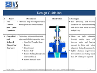 # Aspect Description Illustration Advantages
1 Fine
Threads
with Close
Tolerance
▪ Threaded Ring-Bonnet prefer a fine
thread pitch and closer tolerance.
▪ Fine Threading and Closure
Tolerance will improve centering
and reduce side loads on stem
and packing.
2 Controlled
and
Reduced
Diametrical
clearance
▪ Try to have minimum diametrical
clearance in following mating parts
▪ Stem Nut-Threaded Ring-
Bonnet.
▪ Stem-Bonnet
▪ Bonnet-Body
▪ Bonnet-Packing-Stem (radial
clearance to 0.1)
▪ Bonnet-Backseat-Stem
▪ Closer and tight tolerances
between mating parts will
improve guide and bearing
support to Stem and better
alignment during dynamic mode.
▪ Tighter clearance requirements
between Stem and Packing Gland
than API 600 may be required.
10/04/2017 IVS 2015 • International Conference on Valve and Flow Control Technologies 26
Design Guideline
 