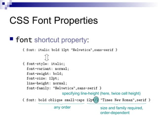 CSS Font Properties
 font shortcut property:
specifying line-height (here, twice cell height)
any order size and family required,
order-dependent
 