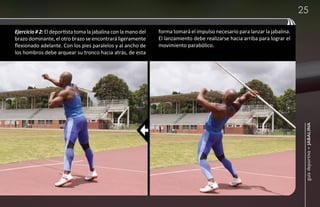 25

Ejercicio # 2: El deportista toma la jabalina con la mano del   forma tomará el impulso necesario para lanzar la jabalina.
brazo dominante, el otro brazo se encontrará ligeramente        El lanzamiento debe realizarse hacia arriba para lograr el
flexionado adelante. Con los pies paralelos y al ancho de       movimiento parabólico.
los hombros debe arquear su tronco hacia atrás, de esta




                                                                                                                              guía deportiva - jabalina
 