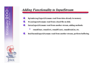 Adding Functionality to InputStream

    ByteArrayInputStream: read from data already in memory
    FileInputStream: read from a local file on disk
    DataInputStream: read from another stream, adding methods:

         readChar, readInt, readFloat, readDouble, etc.

    BufferedInputStream: read from another stream, perform buffering
 