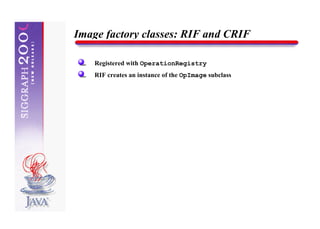 Image factory classes: RIF and CRIF

    Registered with OperationRegistry
    RIF creates an instance of the OpImage subclass
 