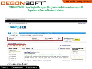 TRUE SCENARIO: Searching forthe keyword java j2ee in naukri.comas job seeker,with
Experienceas Zero and the resultis below.
 