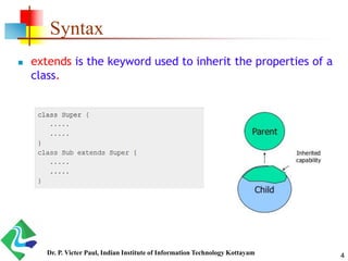 4
Syntax
 extends is the keyword used to inherit the properties of a
class.
Dr. P. Victer Paul, Indian Institute of Information Technology Kottayam
 