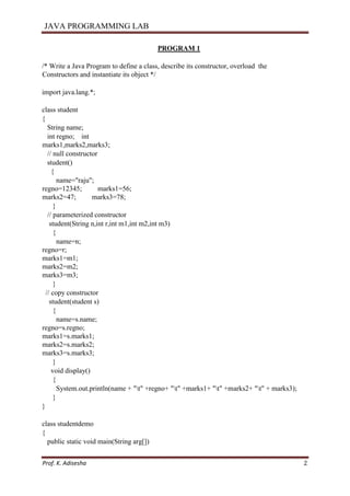 JAVA PROGRAMMING LAB
Prof. K. Adisesha 2
PROGRAM 1
/* Write a Java Program to define a class, describe its constructor, overload the
Constructors and instantiate its object */
import java.lang.*;
class student
{
String name;
int regno; int
marks1,marks2,marks3;
// null constructor
student()
{
name="raju";
regno=12345; marks1=56;
marks2=47; marks3=78;
}
// parameterized constructor
student(String n,int r,int m1,int m2,int m3)
{
name=n;
regno=r;
marks1=m1;
marks2=m2;
marks3=m3;
}
// copy constructor
student(student s)
{
name=s.name;
regno=s.regno;
marks1=s.marks1;
marks2=s.marks2;
marks3=s.marks3;
}
void display()
{
System.out.println(name + "t" +regno+ "t" +marks1+ "t" +marks2+ "t" + marks3);
}
}
class studentdemo
{
public static void main(String arg[])
 