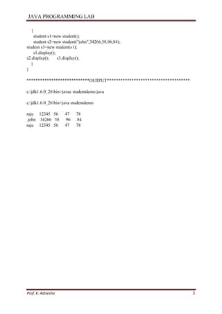 JAVA PROGRAMMING LAB
Prof. K. Adisesha 3
{
student s1=new student();
student s2=new student("john",34266,58,96,84);
student s3=new student(s1);
s1.display();
s2.display(); s3.display();
}
}
****************************OUTPUT*************************************
c:jdk1.6.0_26bin>javac studentdemo.java
c:jdk1.6.0_26bin>java studentdemo
raju 12345 56 47 78
john 34266 58 96 84
raju 12345 56 47 78
 