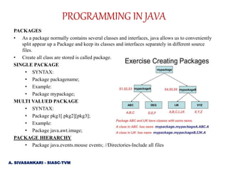 PACKAGES
• As a package normally contains several classes and interfaces, java allows us to conveniently
split appear up a Package and keep its classes and interfaces separately in different source
files.
• Create all class are stored is called package.
SINGLE PACKAGE
• SYNTAX:
• Package packagename;
• Example:
• Package mypackage;
MULTI VALUED PACKAGE
• SYNTAX:
• Package pkg1[.pkg2][pkg3];
• Example:
• Package java.awt.image;
PACKAGE HIERARCHY
• Package java.events.mouse events; //Directories-Include all files
PROGRAMMING IN JAVA
A. SIVASANKARI - SIASC-TVM
 