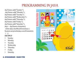 dayNames.add("Sunday");
dayNames.add("Monday");
dayNames.add("Tuesday");
dayNames.add("Wednesday");
dayNames.add("Thursday");
dayNames.add("Friday");
dayNames.add("Saturday");
days = dayNames.elements();
while (days.hasMoreElements()) {
System.out.println(days.nextElement());
} }}
OUTPUT
• Sunday
• Monday
• Tuesday
• Wednesday
• Thursday
• Friday
• Saturday
PROGRAMMING IN JAVA
A. SIVASANKARI - SIASC-TVM
 