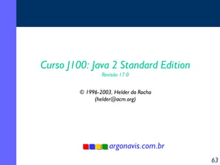 Curso J100: Java 2 Standard Edition
Revisão 17.0

© 1996-2003, Helder da Rocha
(helder@acm.org)

argonavis.com.br
63

 