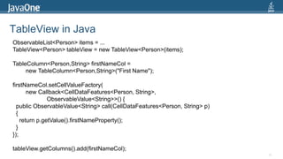 TableView in Java39ObservableList<Person> items = ...TableView<Person> tableView = new TableView<Person>(items);TableColumn<Person,String> firstNameCol =         new TableColumn<Person,String>("First Name");firstNameCol.setCellValueFactory(        new Callback<CellDataFeatures<Person, String>, ObservableValue<String>>() {  public ObservableValue<String> call(CellDataFeatures<Person, String> p)   {    return p.getValue().firstNameProperty();  }});tableView.getColumns().add(firstNameCol);