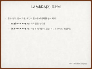 • 함수 정의, 함수 적용, 귀납적 함수를 추상화한 형식 체계
> 이와 같은 함수를
> 이렇게 축약할 수 있습니다. ( lambda 표현식 )
LAMBDA(ƛ) 표현식
링크 : closure와 currying
 
