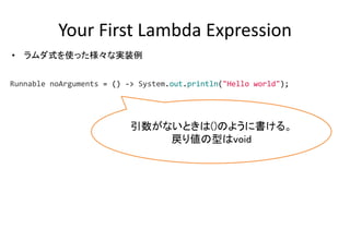 Your First Lambda Expression
• ラムダ式を使った様々な実装例
引数がないときは()のように書ける。
戻り値の型はvoid
Runnable noArguments = () -> System.out.println("Hello world");
 