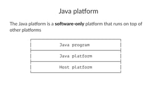 Java pla'orm
The Java pla*orm is a so#ware-only pla*orm that runs on top of
other pla*orms
┌───────────────────────────────────┐
│ Java program │
├───────────────────────────────────┤
│ Java platform │
├───────────────────────────────────┤
│ Host platform │
└───────────────────────────────────┘
 