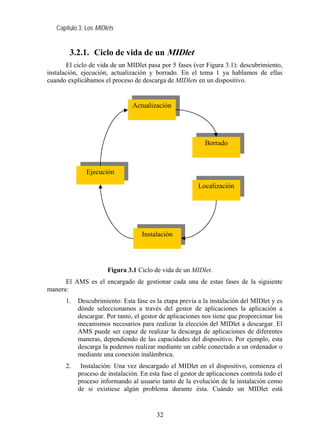 Capítulo 3: Los MIDlets
3.2.1. Ciclo de vida de un MIDlet
El ciclo de vida de un MIDlet pasa por 5 fases (ver Figura 3.1): descubrimiento,
instalación, ejecución, actualización y borrado. En el tema 1 ya hablamos de ellas
cuando explicábamos el proceso de descarga de MIDlets en un dispositivo.
Actualización
Ejecución
Localización
Instalación
Borrado
Figura 3.1 Ciclo de vida de un MIDlet.
El AMS es el encargado de gestionar cada una de estas fases de la siguiente
manera:
1. Descubrimiento: Esta fase es la etapa previa a la instalación del MIDlet y es
dónde seleccionamos a través del gestor de aplicaciones la aplicación a
descargar. Por tanto, el gestor de aplicaciones nos tiene que proporcionar los
mecanismos necesarios para realizar la elección del MIDlet a descargar. El
AMS puede ser capaz de realizar la descarga de aplicaciones de diferentes
maneras, dependiendo de las capacidades del dispositivo. Por ejemplo, esta
descarga la podemos realizar mediante un cable conectado a un ordenador o
mediante una conexión inalámbrica.
2. Instalación: Una vez descargado el MIDlet en el dispositivo, comienza el
proceso de instalación. En esta fase el gestor de aplicaciones controla todo el
proceso informando al usuario tanto de la evolución de la instalación como
de si existiese algún problema durante ésta. Cuándo un MIDlet está
32
 