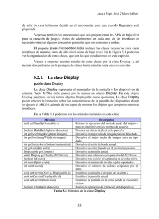 Java a Tope. Java 2 Micro Edition
de salir de casa habíamos dejado en el microondas para que cuando lleguemos esté
preparada.
Veremos también los mecanismos que nos proporcionan las APIs de bajo nivel
para la creación de juegos. Antes de adentrarnos en cada uno de las interfaces es
necesario estudiar algunos conceptos generales que son comunes a ambas.
El paquete javax.microedition.lcdui incluye las clases necesarias para crear
interfaces de usuario, tanto de alto nivel como de bajo nivel. En la Figura 5.1 podemos
ver la organización de estas clases, que son las que estudiaremos en este capítulo.
Vamos a empezar nuestro estudio de estas clases por la clase Display, y así
iremos descendiendo en la jerarquía de clases hasta estudiar cada una en concreto.
5.2.1. La clase Display
public class Display
La clase Display representa el manejador de la pantalla y los dispositivos de
entrada. Todo MIDlet debe poseer por lo menos un objeto Display. En este objeto
Display podemos incluir tantos objetos Displayable como queramos. La clase Display
puede obtener información sobre las características de la pantalla del dispositivo donde
se ejecute el MIDlet, además de ser capaz de mostrar los objetos que componen nuestras
interfaces.
En la Tabla 5.1 podemos ver los métodos incluidos en esta clase
Métodos Descripción
void callSerially(Runnable r) Retrasa la ejecución del método run() del objeto r
para no interferir con los eventos de usuario.
boolean flashBacklight(int duracion) Provoca un efecto de flash en la pantalla.
int getBestImageHeight(int imagen) Devuelve el mejor alto de imagen para un tipo dado.
int getBestImageWidth(int imagen) Devuelve el mejor ancho de imagen para un tipo
dado.
int getBorderStyle(bolean luminosidad) Devuelve el estilo de borde actual.
int getColor(int color) Devuelve un color basado en el parámetro pasado.
Displayable getCurrent() Devuelve la pantalla actual.
static Display getDisplay(MIDlet m) Devuelve una referencia a la pantalla del MIDlet m.
boolean isColor() Devuelve true o false si la pantalla es de color o b/n.
int numAlphaLevels() Devuelve el número de niveles alpha soportados.
int numColors() Devuelve el número de colores aceptados por el
MID.
void setCurrent(Alert a, Displayable d) Establece la pantalla d despues de la alerta a
void setCurrent(Displayable d) Establece la pantalla actual
void setCurrent(Item item) Establece la pantalla en la zona dónde se encuentre
el item
boolean vibrate(int duracion) Realiza la operación de vibración del dispositivo.
Tabla 5.1 Métodos de la clase Display
53
 
