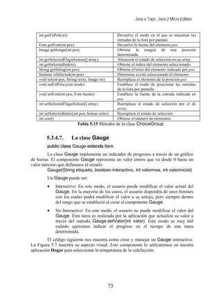 Java a Tope. Java 2 Micro Edition
int getFitPolicy() Devuelve el modo en el que se muestran las
entradas de la lista por pantala
Font getFont(int pos) Devuelve la fuente del elemento pos.
Image getImage(int pos) Obtiene la imagen de una posición
determinada.
int getSelectedFlags(bolean[] array) Almacena el estado de selección en un array.
int getSelectedIndex() Obtiene el índice del elemento seleccionado.
String getString(int pos) Obtiene el texto del elemento indicado por pos.
boolean isSelected(int pos) Determina si está seleccionado el elemento
void set(int pos, String texto, Image im) Reemplaza el elemento de la posición pos
void setFitPolicy(int modo) Establece el modo de posicionar las entradas
de la lista por pantalla.
void setFont(int pos, Font fuente) Establece la fuente de la entrada indicada en
pos
int setSelectedFlags(bolean[] array) Reemplaza el estado de selección por el de
array
int setSelectedIndex(int pos, bolean selec) Reemplaza el estado de selección
int size() Obtiene el número de elementos
Tabla 5.15 Métodos de la clase ChoiceGroup
5.3.4.7. La clase Gauge
public class Gauge extends Item
La clase Gauge implementa un indicador de progresos a través de un gráfico
de barras. El componente Gauge representa un valor entero que va desde 0 hasta un
valor máximo que definimos al crearlo:
Gauge(String etiqueta, boolean interactivo, int valormax, int valorinicial)
Un Gauge puede ser:
• Interactivo: En este modo, el usuario puede modificar el valor actual del
Gauge. En la mayoría de los casos, el usuario dispondrá de unos botones
con los cuales podrá modificar el valor a su antojo, pero siempre dentro
del rango que se estableció al crear el componente Gauge.
• No Interactivo: En este modo, el usuario no puede modificar el valor del
Gauge. Esta tarea es realizada por la aplicación que actualiza su valor a
través del método Gauge.setValor(int valor). Este modo es muy útil
cuándo queremos indicar el progreso en el tiempo de una tarea
determinada.
El código siguiente nos muestra como crear y manejar un Gauge interactivo.
La Figura 5.7 muestra su aspecto visual. Este componente lo utilizaremos en nuestra
aplicación Hogar para seleccionar la temperatura de la calefacción.
73
 
