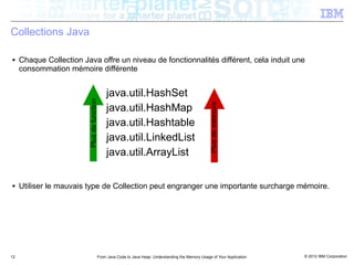 Collections Java

■    Chaque Collection Java offre un niveau de fonctionnalités différent, cela induit une
     consommation mémoire différente


                         Plus de function   java.util.HashSet




                                                                                                   Plus de mémoire
                                            java.util.HashMap
                                            java.util.Hashtable
                                            java.util.LinkedList
                                            java.util.ArrayList

■    Utiliser le mauvais type de Collection peut engranger une importante surcharge mémoire.




12                                      From Java Code to Java Heap: Understanding the Memory Usage of Your Application   © 2012 IBM Corporation
 