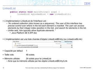 LinkedList
           public static void main(String[] args) {
                 LinkedList myLinkedList = new LinkedList();
           }
■    L'implémentation LinkedList de l'interface List :
        – “An ordered collection (also known as a sequence). The user of this interface has
          precise control over where in the list each element is inserted. The user can access
          elements by their integer index (position in the list), and search for elements in the list.
        – Unlike sets, lists typically allow duplicate elements. “
            • Java Platform SE 6 API doc

■    L'implémentation est une liste chainée d'objets LinkedList$Entry (ou LinkedList$Link):




■    Capacité par défaut:     1
■    Taille vide:             48 octets
■    Mémoire utilisée:     24 octets pour la LinkedList
      – Ainsi que la mémoire utilisée par les objets LinkedList$Entry/Link


18                           From Java Code to Java Heap: Understanding the Memory Usage of Your Application   © 2012 IBM Corporation
 