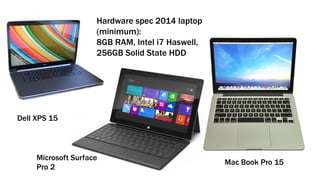 Hardware spec 2014 laptop
(minimum):
8GB RAM, Intel i7 Haswell,
256GB Solid State HDD
Dell XPS 15
Microsoft Surface
Pro 2
Mac Book Pro 15
 