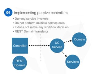 Implementing passive controllers
• Dummy service invokers
• Do not perform multiple service calls
• It does not make any workflow decision
• REST Domain translator
0305
• UC
• Service
• Services
• Domain
• Controller
REST
Domain
06
 