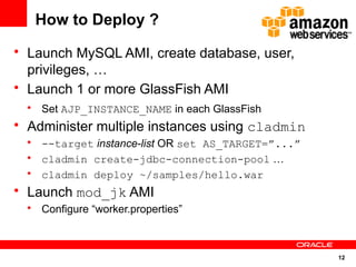 How to Deploy ?
• Launch MySQL AMI, create database, user,
  privileges, …
• Launch 1 or more GlassFish AMI
  • Set AJP_INSTANCE_NAME in each GlassFish
• Administer multiple instances using cladmin
  • --target instance-list OR set AS_TARGET=”...”
  • cladmin create-jdbc-connection-pool …
  • cladmin deploy ~/samples/hello.war
• Launch mod_jk AMI
  • Configure “worker.properties”



                                                    12
 