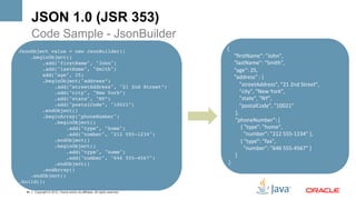 JSON 1.0 (JSR 353)
       Code Sample - JsonBuilder
JsonObject value = new JsonBuilder()                                          {	
  
    .beginObject()                                                            	
  	
  	
  	
  	
  "ﬁrstName":	
  "John",	
  	
  
        .add("firstName", "John")                                             	
  	
  	
  	
  	
  "lastName":	
  "Smith",	
  	
  
        .add("lastName", "Smith")                                             	
  	
  	
  	
  	
  "age":	
  25,	
  
        add("age", 25)                                                        	
  	
  	
  	
  	
  "address"	
  :	
  {	
  
        .beginObject("address”) 
            .add("streetAddress", "21 2nd Street”)                            	
  	
  	
  	
  	
  	
  	
  	
  	
  "streetAddress",	
  "21	
  2nd	
  Street",	
  
            .add("city", "New York”)                                          	
  	
  	
  	
  	
  	
  	
  	
  	
  "city",	
  "New	
  York",	
  
            .add("state", "NY”)                                               	
  	
  	
  	
  	
  	
  	
  	
  	
  "state",	
  "NY",	
  
            .add("postalCode”, "10021”)                                       	
  	
  	
  	
  	
  	
  	
  	
  	
  "postalCode",	
  "10021"	
  
        .endObject()                                                          	
  	
  	
  	
  	
  	
  },	
  
        .beginArray("phoneNumber") 
            .beginObject()                                                    	
  	
  	
  	
  	
  	
  "phoneNumber":	
  [	
  
                .add("type", "home")                                          	
  	
  	
  	
  	
  	
  	
  	
  	
  	
  {	
  "type":	
  "home",	
  	
  
                .add("number", "212 555-1234")                                	
  	
  	
  	
  	
  	
  	
  	
  	
  	
  	
  	
  "number":	
  "212	
  555-­‐1234"	
  },	
  
            .endObject()                                                      	
  	
  	
  	
  	
  	
  	
  	
  	
  	
  {	
  "type":	
  "fax",	
  	
  
            .beginObject()                                                    	
  	
  	
  	
  	
  	
  	
  	
  	
  	
  	
  	
  "number":	
  "646	
  555-­‐4567"	
  }	
  
                .add("type", "home")  
                .add("number", "646 555-4567")  
                                                                              	
  	
  	
  	
  	
  	
  ]	
  
            .endObject()                                                      	
  }	
  
        .endArray()  
    .endObject()  
.build(); !

  42   Copyright © 2012, Oracle and/or its affiliates. All rights reserved.
 