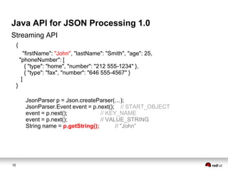 Java API for JSON Processing 1.0
Streaming API
{
"firstName": "John", "lastName": "Smith", "age": 25,
"phoneNumber": [
{ "type": "home", "number": "212 555-1234" },
{ "type": "fax", "number": "646 555-4567" }
]
}
JsonParser p = Json.createParser(…);
JsonParser.Event event = p.next(); // START_OBJECT
event = p.next();
// KEY_NAME
event = p.next();
// VALUE_STRING
String name = p.getString();
// "John”

10

 