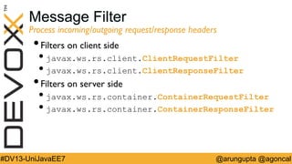 Message Filter

Process incoming/outgoing request/response headers	


•  Filters on client side	


•  javax.ws.rs.client.ClientRequestFilter
•  javax.ws.rs.client.ClientResponseFilter

•  Filters on server side	


•  javax.ws.rs.container.ContainerRequestFilter
•  javax.ws.rs.container.ContainerResponseFilter

#DV13-UniJavaEE7

@arungupta @agoncal

 