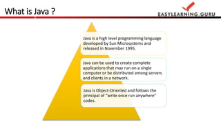 What is Java ?
Java is a high level programming language
developed by Sun Microsystems and
released in November 1995.
Java can be used to create complete
applications that may run on a single
computer or be distributed among servers
and clients in a network.
Java is Object-Oriented and follows the
principal of “write once run anywhere”
codes.
 