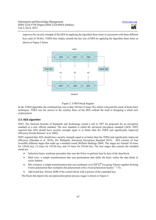 Information and Knowledge Management www.iiste.org
ISSN 2224-5758 (Paper) ISSN 2224-896X (Online)
Vol.3, No.4, 2013
47
improves the security strength of the DES by applying the algorithm three times in succession with three different
keys each of 56-bits. T-DES thus simply extends the key size of DES by applying the algorithm three times as
shown in Figure 2 below.
Figure 2. T-DES block diagram
In the T-DES algorithm, the combined key size is thus 168 bits (3 times 56), which is beyond the reach of brute-force
techniques. TDES was the answer to the security flaws of the DES without the need to designing a whole new
cryptosystem.
2.3. AES algorithm
NIST, The National Institute of Standards and Technology issued a call in 1997 for proposals for an encryption
standard as a new official standard. The new standard is called the advanced encryption standard (AES). NIST
required that AES should have security strength equal to or better than the TDES and significantly improved
efficiency (Guido Bertoni1 et al. 2002).
NIST required that AES should have security strength equal to or better than the TDES and significantly improved
efficiency (Hamdan et al. 2010), (En Wikipedia Advanced_Encryption_Standard 2013). AES consists of four
invertible different stages that make up a standard round (William Stallings 2009). The stages are iterated 10 times
for 128-bit key, 12 times for 192-bit key, and 14 times for 256-bit key. The four stages that consists the standard
round are:
• Substitute bytes: nonlinear procedure that uses the S-box to perform byte by byte of the data block.
• Shift rows: a simple transformation that uses permutation that shifts the bytes within the data block in
cyclic fashion.
• Mix columns: a simple transformation that uses arithmetic over
8
(2 )GF to group 4-bytes together forming
4-term polynomial then multiplies the polynomials with a fixed polynomial mod
4
( 1)x + .
• Add round key: bitwise XOR of the current block with a portion of the expanded key.
The block that depicts the encryption/decryption process stages is shown in Figure 3.
 