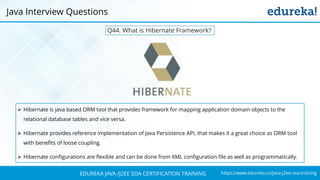 https://www.edureka.co/java-j2ee-soa-trainingEDUREKA JAVA /J2EE SOA CERTIFICATION TRAINING
Q44. What is Hibernate Framework?
Java Interview Questions
➢ Hibernate is java based ORM tool that provides framework for mapping application domain objects to the
relational database tables and vice versa.
➢ Hibernate provides reference implementation of Java Persistence API, that makes it a great choice as ORM tool
with benefits of loose coupling.
➢ Hibernate configurations are flexible and can be done from XML configuration file as well as programmatically.
 