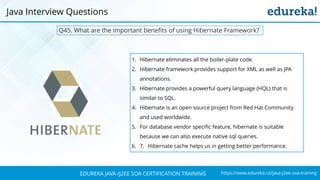 https://www.edureka.co/java-j2ee-soa-trainingEDUREKA JAVA /J2EE SOA CERTIFICATION TRAINING
Q45. What are the important benefits of using Hibernate Framework?
Java Interview Questions
1. Hibernate eliminates all the boiler-plate code.
2. Hibernate framework provides support for XML as well as JPA
annotations.
3. Hibernate provides a powerful query language (HQL) that is
similar to SQL.
4. Hibernate is an open source project from Red Hat Community
and used worldwide.
5. For database vendor specific feature, hibernate is suitable
because we can also execute native sql queries.
6. 7. Hibernate cache helps us in getting better performance.
 