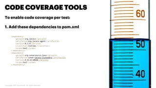 Copyright 2017 Accenture. All rights reserved. 14
CODE COVERAGE TOOLS
<dependency>
<groupId>org.jacoco</groupId>
<artifactId>org.jacoco.agent</artifactId>
<version>0.7.9</version>
<classifier>runtime</classifier>
<scope>test</scope>
</dependency>
<dependency>
<groupId>org.sonarsource.java</groupId>
<artifactId>sonar-jacoco-listeners</artifactId>
<version>4.11.0.10660</version>
<scope>test</scope>
</dependency>
To enable code coverage per test:
1. Add these dependencies to pom.xml
 