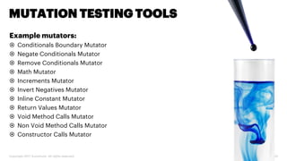 Copyright 2017 Accenture. All rights reserved. 22
MUTATION TESTING TOOLS
Example mutators:
 Conditionals Boundary Mutator
 Negate Conditionals Mutator
 Remove Conditionals Mutator
 Math Mutator
 Increments Mutator
 Invert Negatives Mutator
 Inline Constant Mutator
 Return Values Mutator
 Void Method Calls Mutator
 Non Void Method Calls Mutator
 Constructor Calls Mutator
 