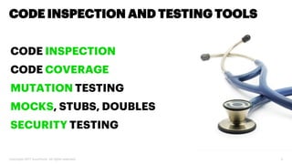 CODE INSPECTION
CODE COVERAGE
MUTATION TESTING
MOCKS, STUBS, DOUBLES
SECURITY TESTING
CODE INSPECTION AND TESTING TOOLS
Copyright 2017 Accenture. All rights reserved. 3
 