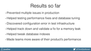 @bjschrijver@TimvEijndhoven
Results so far
- Prevented multiple issues in production
- Helped testing performance ﬁxes and database tuning
- Discovered conﬁguration error in test infrastructure
- Helped track down and validate a ﬁx for a memory leak
- Helped tweak database indexes
- Made teams more aware of their product’s performance
 