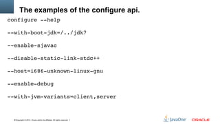 Copyright © 2012, Oracle and/or its affiliates. All rights reserved.41
The examples of the configure api.
configure ­­help
­­with­boot­jdk=/../jdk7 
­­enable­sjavac
­­disable­static­link­stdc++
­­host=i686­unknown­linux­gnu
­­enable­debug
­­with­jvm­variants=client,server
 