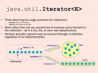 10
java.util.Iterator<E>
• Think about typical usage scenarios for Collections
– Retrieve the list of all patients
– Search for the lowest priced item
• More often than not you would have to traverse every element in
the collection – be it a List, Set, or your own datastructure
• Iterators provide a generic way to traverse through a collection
regardless of its implementation
a
f
g
d
b
c
e
i
h
a b c d e f g h i
a b c d e f g h i
Iterator
next():d
iterator()
iterator()
Set
List
hasNext()?
 