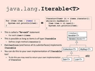 12
java.lang.Iterable<T>
• This is called a “for-each” statement
– For each item in items
• This is possible as long as items is of type Iterable
– Defines single method iterator()
• Collection (and hence all its subinterfaces) implements
Iterable
• You can do this to your own implementation of Iterable
too!
– To do this you may need to return your own implementation
of Iterator
Iterator<Item> it = items.iterator();
while(it.hasNext()) {
Item item = it.next();
System.out.println(item);
}
for (Item item : items) {
System.out.println(item);
}
=
<<interface>>
Iterable<T>
+iterator():Iterator<T>
Collection<T> MyBag<T>
List<T>
Set<T>
etc
 