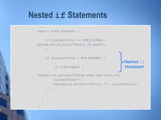 Nested if Statements
...
public void goDown() {
if (currentFloor == MIN_FLOORS) {
System.out.println("Cannot Go down");
}
if (currentFloor > MIN_FLOORS) {
if (!doorOpen) {
System.out.println("Going down one floor.");
currentFloor--;
System.out.println("Floor: " + currentFloor);
}
}
}
}
Nested if
statement
 