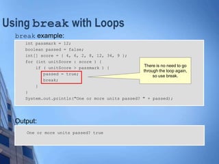Output:
Using break with Loops
break example:
int passmark = 12;
boolean passed = false;
int[] score = { 4, 6, 2, 8, 12, 34, 9 };
for (int unitScore : score ) {
if ( unitScore > passmark ) {
passed = true;
break;
}
}
System.out.println("One or more units passed? " + passed);
One or more units passed? true
There is no need to go
through the loop again,
so use break.
 