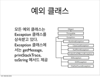 예외 클래스
모든 예외 클래스는
Exception 클래스를
상속받고 있다.
Exception 클래스에
서는 getMessage,
printStackTrace,
toString 메서드 제공

13년 10월 25일 금요일

 