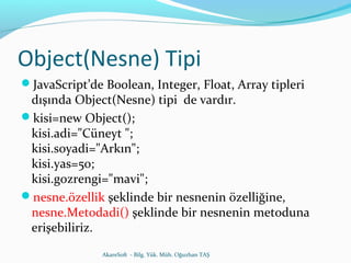 Object(Nesne) Tipi 
JavaScript’de Boolean, Integer, Float, Array tipleri 
dışında Object(Nesne) tipi de vardır. 
kisi=new Object(); 
kisi.adi="Cüneyt "; 
kisi.soyadi="Arkın"; 
kisi.yas=50; 
kisi.gozrengi="mavi"; 
nesne.özellik şeklinde bir nesnenin özelliğine, 
nesne.Metodadi() şeklinde bir nesnenin metoduna 
erişebiliriz. 
AkareSoft - Bilg. Yük. Müh. Oğuzhan TAŞ 
 
