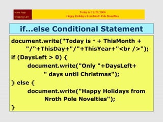 document.write("Today is " + ThisMonth +
"/“+ThisDay+"/"+ThisYear+"<br />");
if (DaysLeft > 0) {
document.write("Only "+DaysLeft+
" days until Christmas");
} else {
document.write("Happy Holidays from
Nroth Pole Novelties");
}
if...else Conditional Statement
 