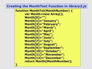 function MonthTxt(MonthNumber) {
var Month=new Array();
Month[0]="";
Month[1]="January";
Month[2]="February";
Month[3]="March";
Month[4]="April";
Month[5]="May";
Month[6]="June";
Month[7]="July";
Month[8]="August";
Month[9]="September";
Month[10]="October";
Month[11]="November";
Month[12]="December";
return Month[MonthNumber];
}
Creating the MonthText Function in library2.js
 